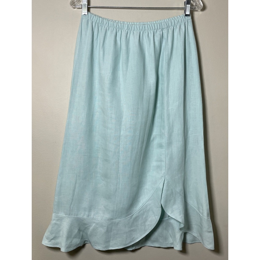 Chalet Seafoam Green 100% Linen Elastic Waist Skirt Women's Small Ruffle Hem